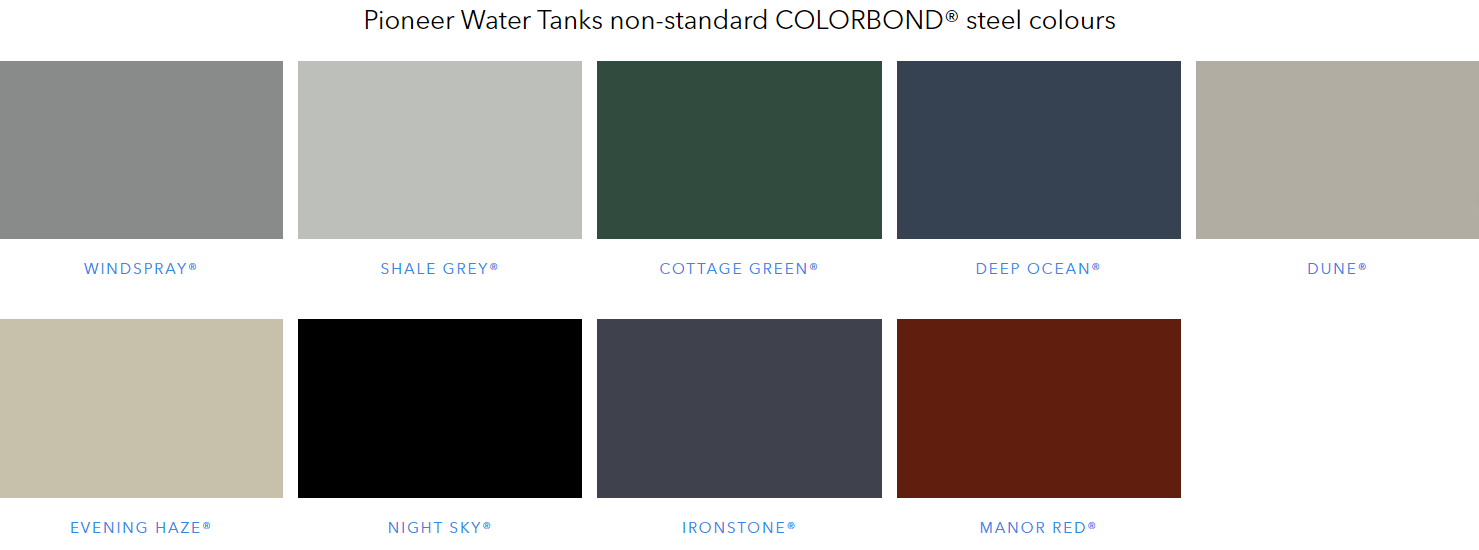 Pioneer Water Tanks colours - non-standard Colorbond